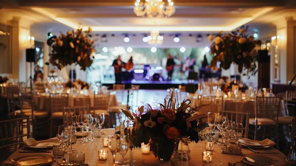 a beautifully decorated wedding venue in bowral, featuring a vibrant live band performing amidst elegant table settings and soft ambient lighting, creating an atmosphere of celebration and joy.