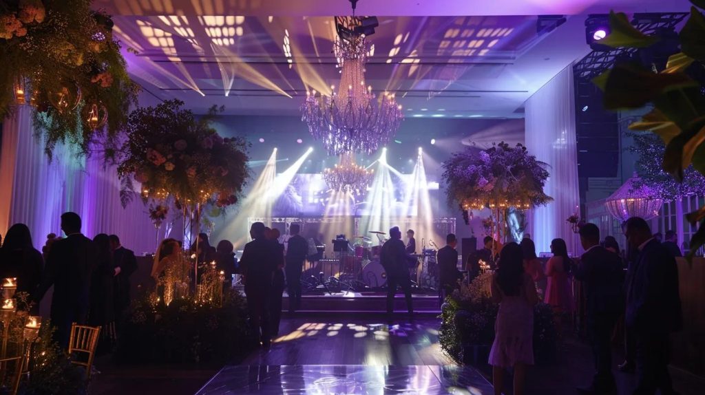 a sophisticated wedding venue, elegantly decorated with soft lighting and a stage set for live entertainment, radiates excitement as guests mingle, embodying the anticipation of the perfect performance on a momentous day.