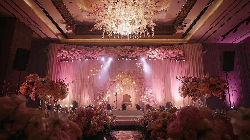 a stylishly set indoor wedding reception features an elegantly decorated stage with sophisticated sound and lighting equipment, exuding a sense of meticulous planning and coordination that promises a flawless entertainment experience.