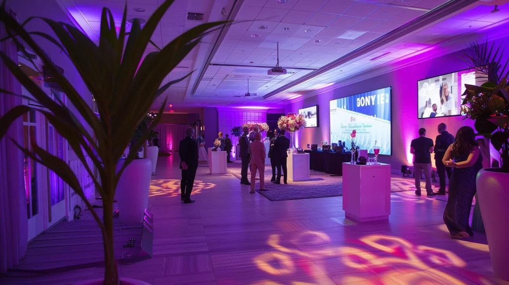 a vibrant scene depicts couples engaged in lively discussions at a beautifully decorated wedding planning expo, surrounded by banners displaying testimonials and reviews on screens, creating an atmosphere of excitement and shared experiences.