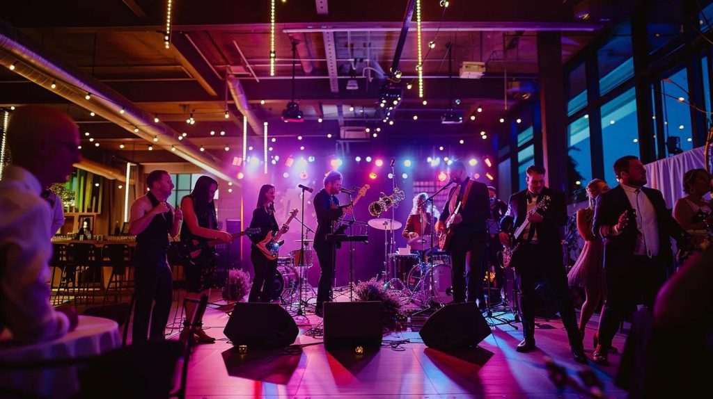 an elegant wedding reception set in a stylish urban venue in bowral, showcasing a vibrant live band performing energetically on stage, while guests dance to the rhythmic beats under soft ambient lighting that enhances the celebratory atmosphere.