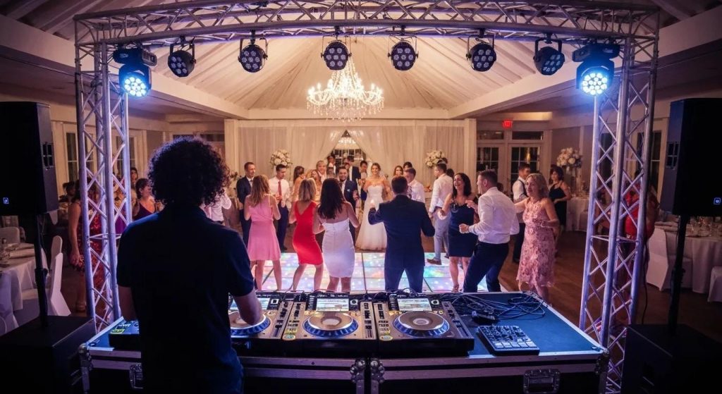 Wedding DJ setup with guests dancing, showcasing vibrant atmosphere and entertainment
