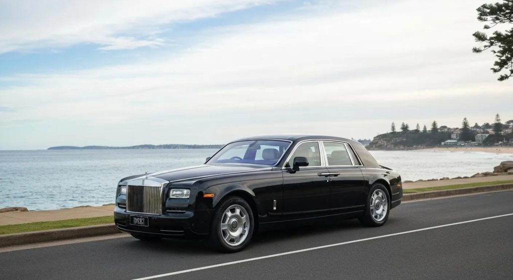 Elegant wedding car hire in Manly featuring a classic Rolls Royce against a stunning coastal backdrop