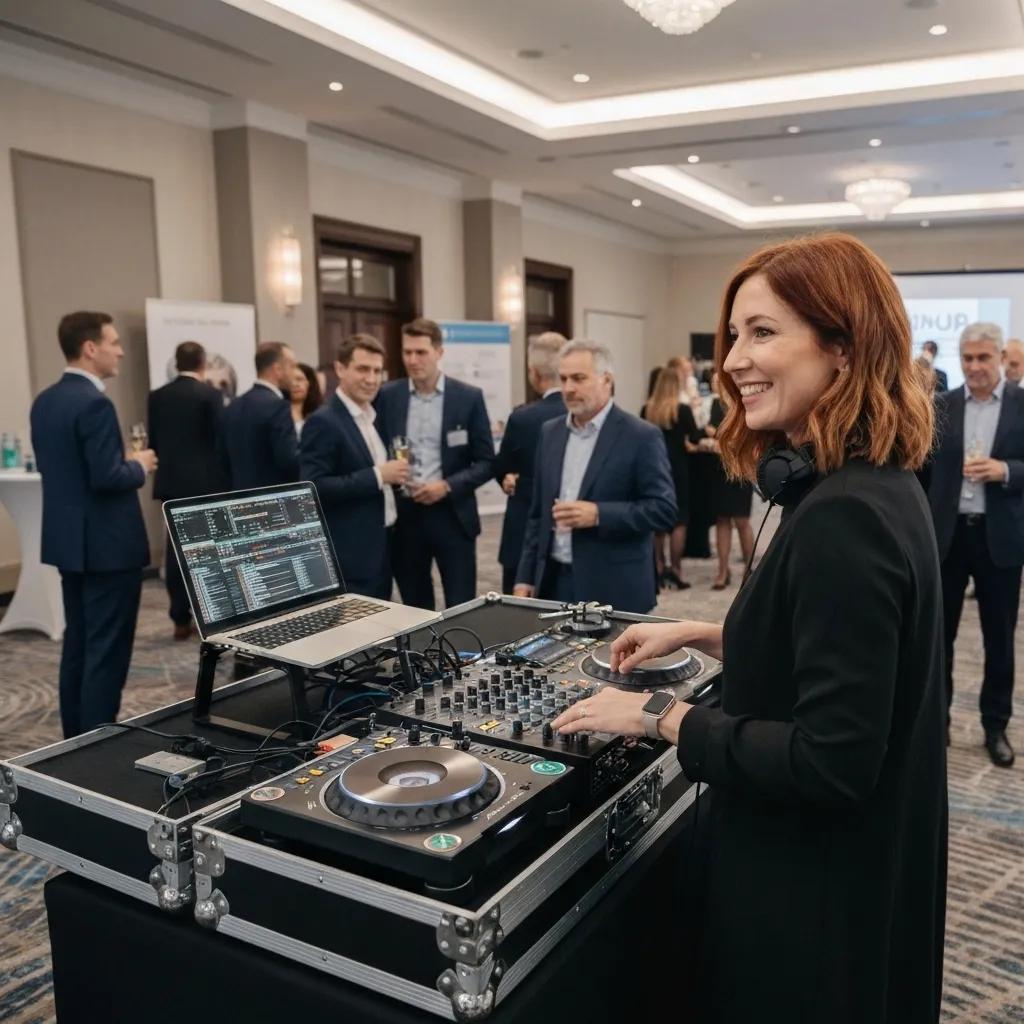 DJ enhancing a corporate event atmosphere with background music in a modern conference room