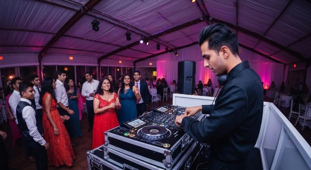 Professional wedding DJ at a lively reception in Parramatta, showcasing vibrant lighting and engaged guests
