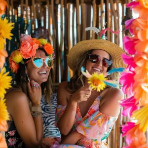 Photobooth setup at a beachside event in Manly with guests enjoying fun props