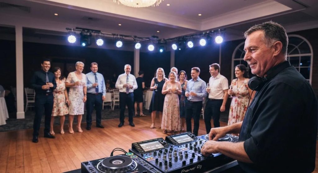 Wedding DJ setup at a Sutherland Shire venue with vibrant lighting and a dancing crowd