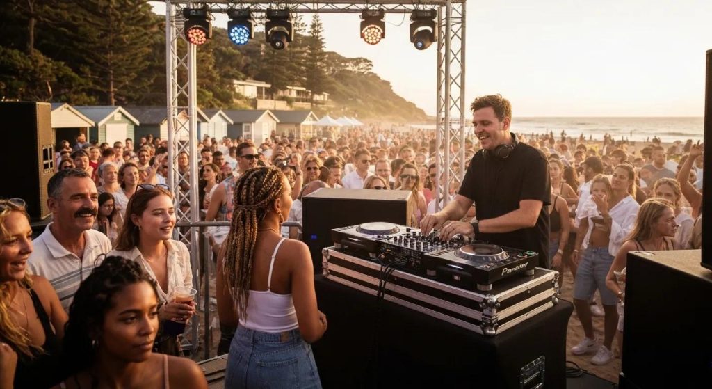 DJ performing at a lively event in Northern Beaches with a diverse crowd enjoying the music