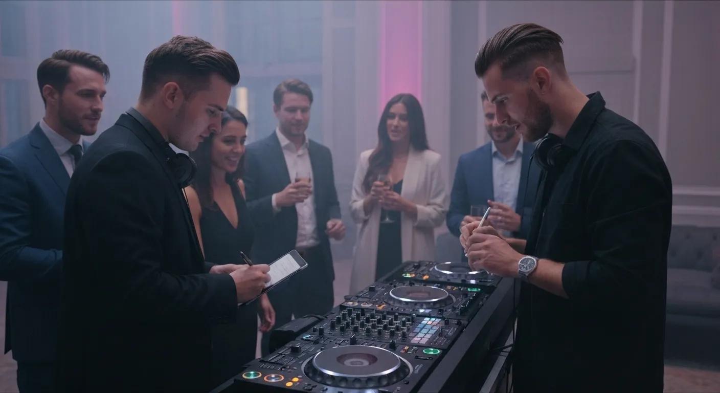 DJ consulting with guests about music preferences at a private event