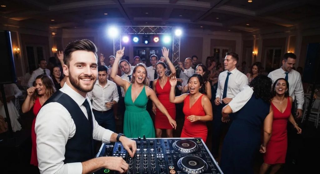 Wedding DJ performing at a lively reception with colorful lighting and dancing guests