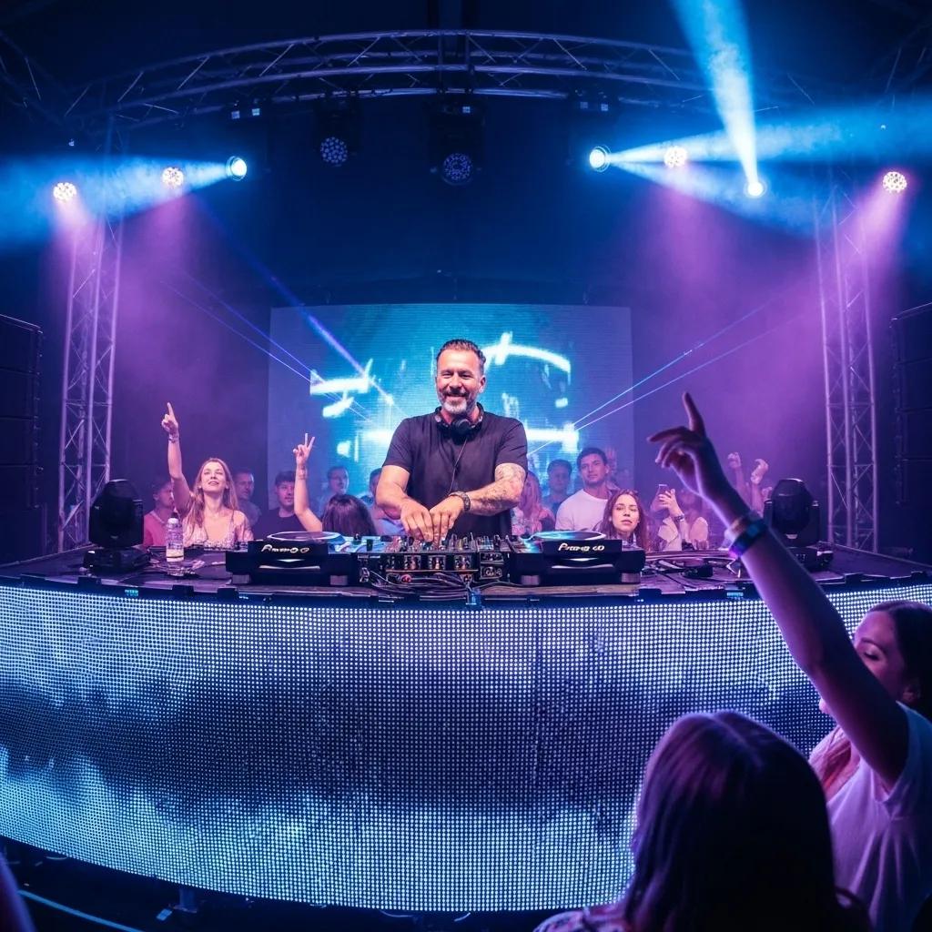 Professional DJ performing at a lively event with colorful lighting and an engaged crowd