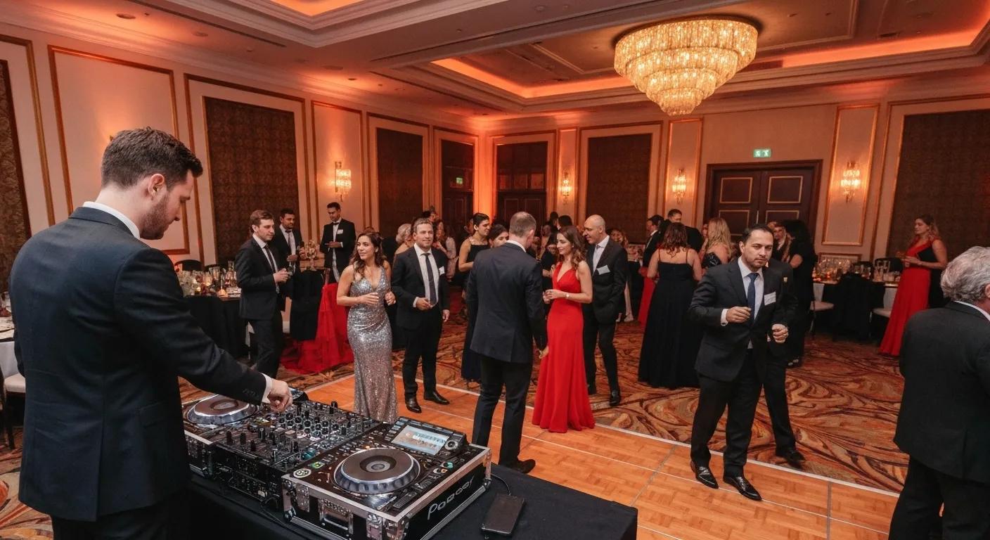 Corporate DJ at a gala dinner with elegantly dressed attendees enjoying the event