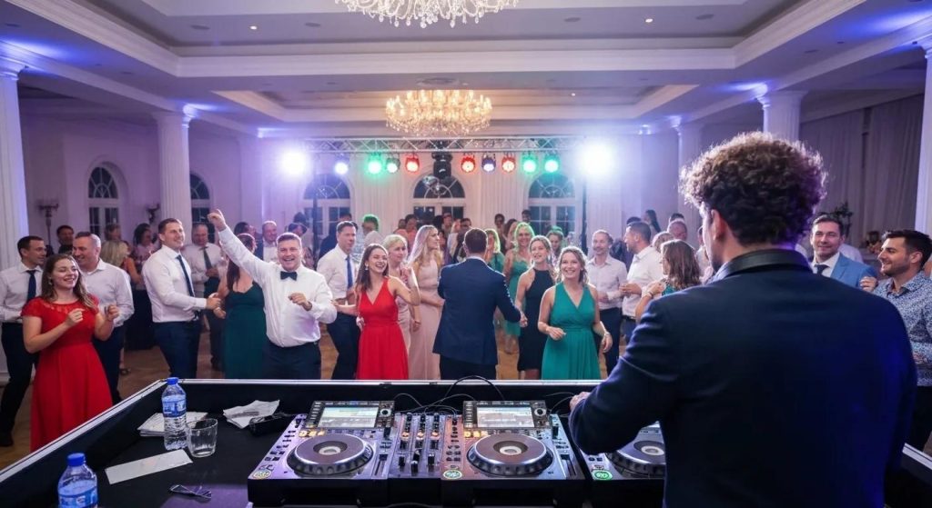 DJ performing at a wedding reception with a lively crowd and colorful lighting