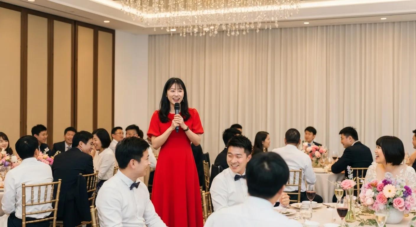 Professional MC engaging guests at a wedding reception, enhancing the interactive atmosphere