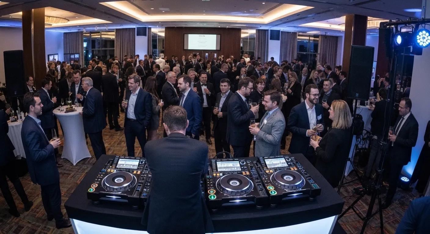DJ at a corporate event with attendees networking and a professional atmosphere