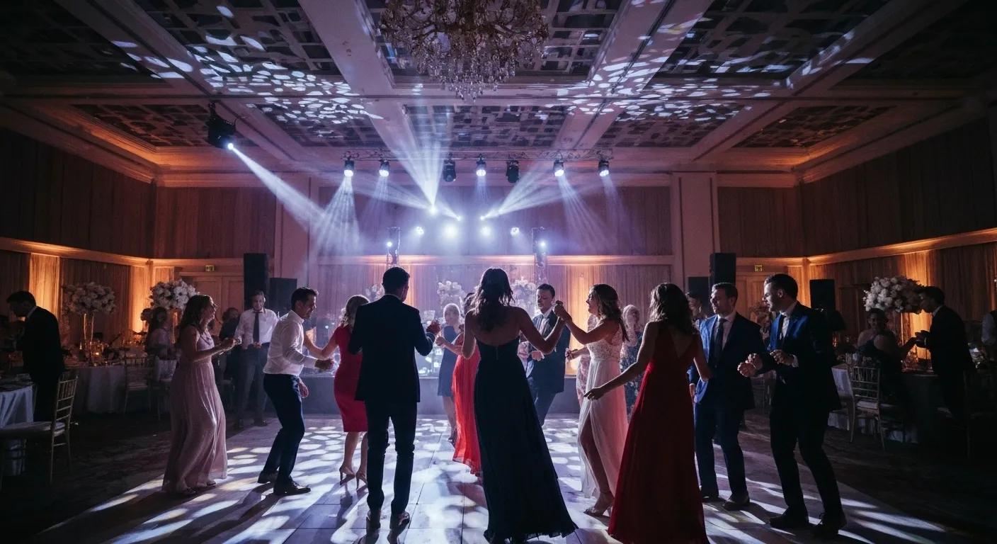 Wedding venue with dynamic lighting effects and guests dancing