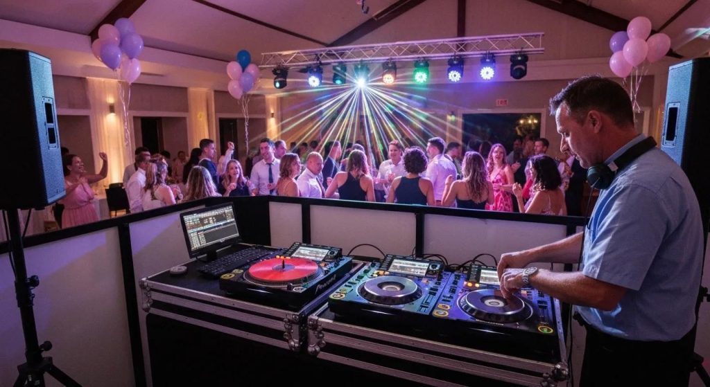 Wedding DJ setup at a lively reception with guests dancing and colorful lights