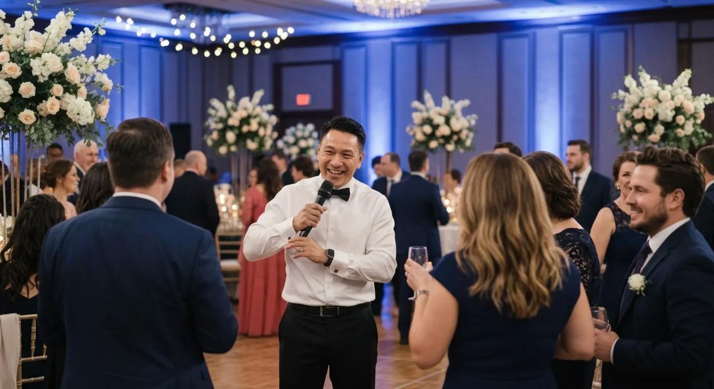 Wedding MC interacting with guests at a reception, showcasing coordination and a festive atmosphere