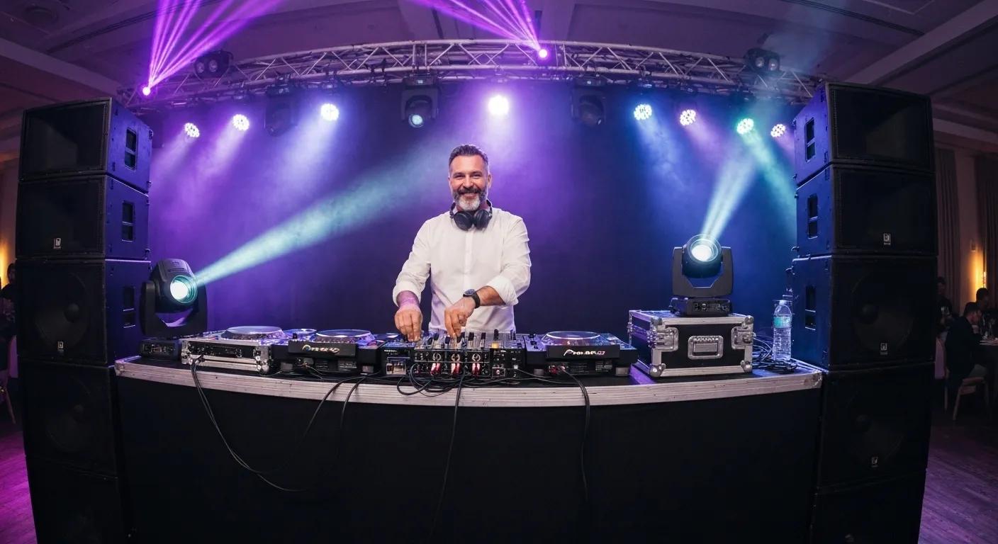 Professional DJ at a corporate event with high-quality sound and lighting equipment