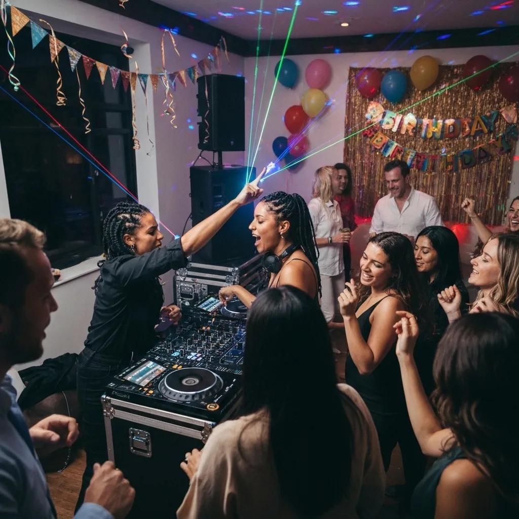 DJ entertaining guests at a vibrant private party, showcasing festive decorations and lively atmosphere
