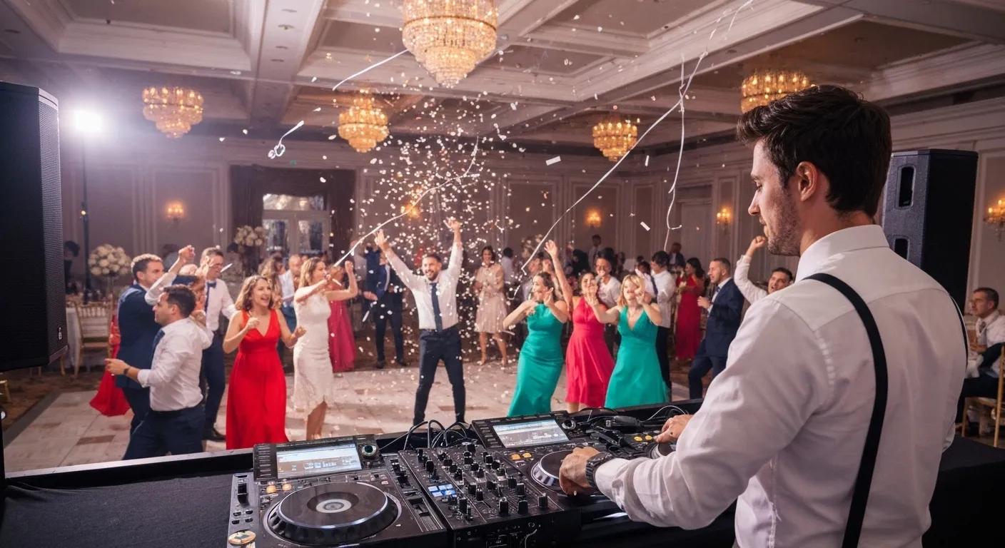DJ at a wedding reception with guests dancing and a beautifully decorated venue