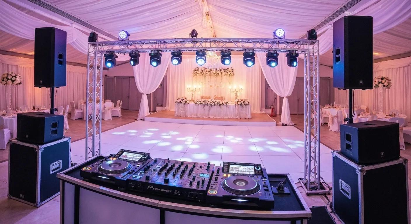 Overview of wedding DJ packages with sound and lighting equipment in a wedding venue