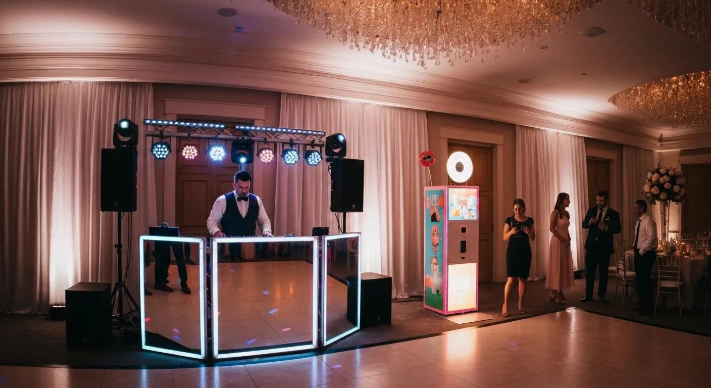 Wedding entertainment services including DJ booth, photo booth, and mood lighting