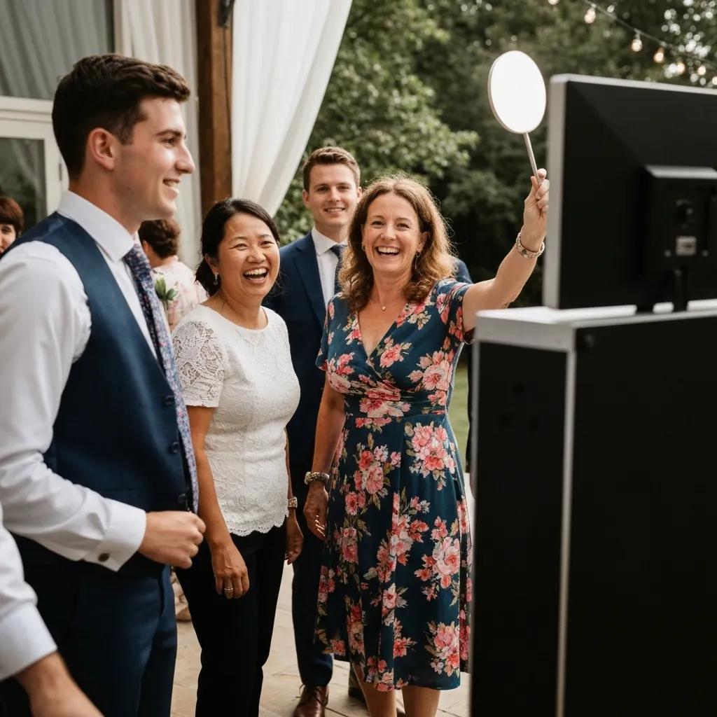 Guests using a photobooth with social media sharing features at an event