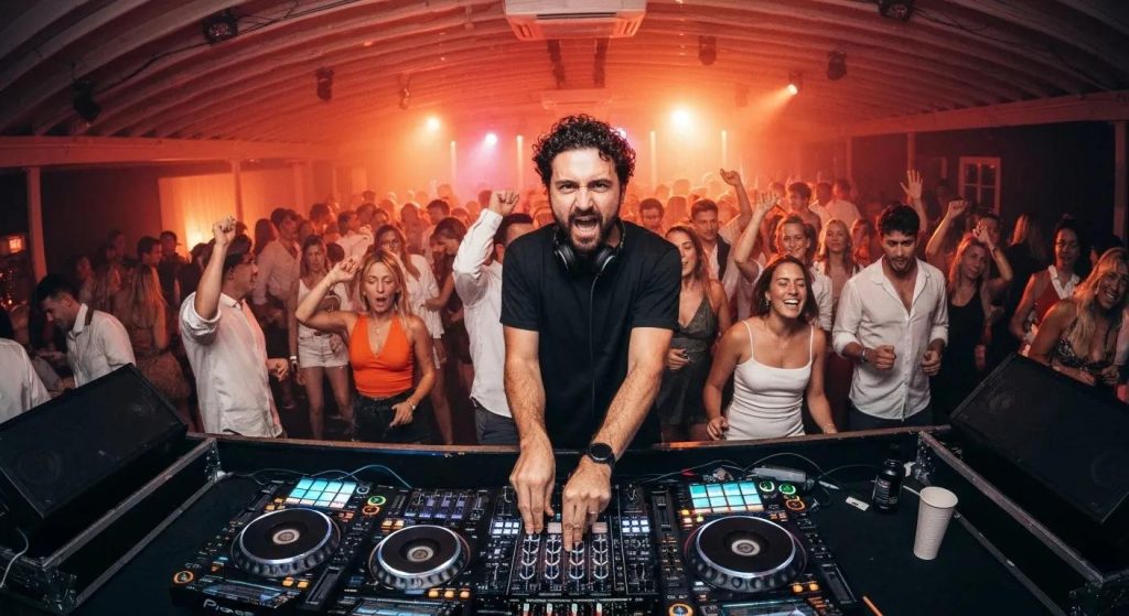 Professional DJ performing at a lively event in Sutherland Shire with vibrant lighting and engaged guests