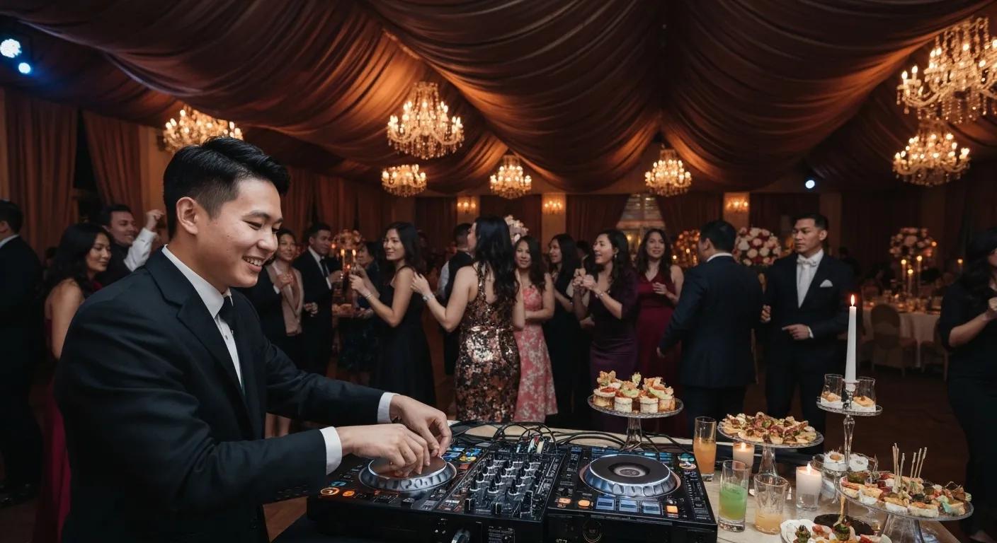 Wedding DJ at a reception with guests dancing in a beautifully decorated venue