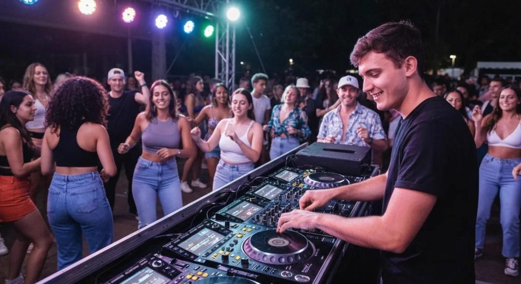 DJ performing at a lively event in Campbelltown with a vibrant crowd dancing