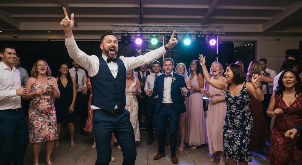 Wedding DJ performing at a lively celebration in the Macarthur Region with guests dancing and colorful lighting