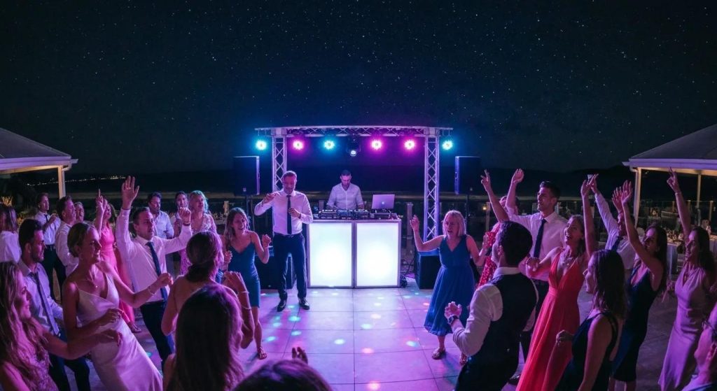 Wedding DJ setup at Northern Beaches with guests dancing and colorful lights