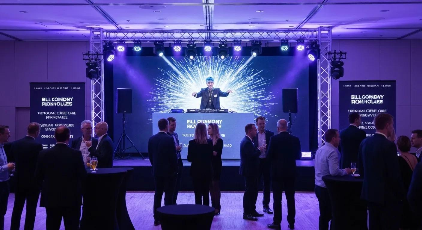 DJ performing at a corporate event with branded elements and networking guests