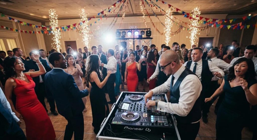 Wedding DJ setup with guests dancing, showcasing vibrant atmosphere and professional entertainment