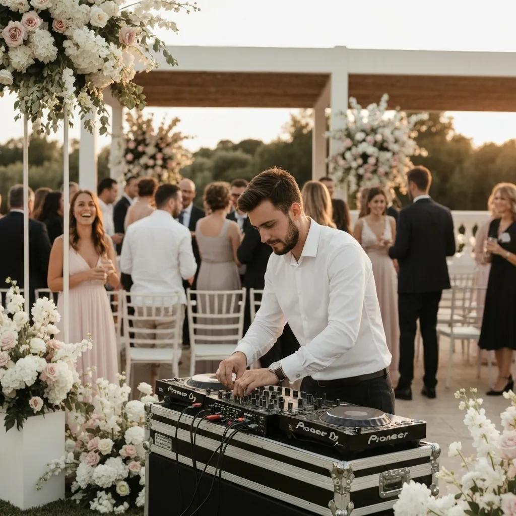 DJ setting up for a wedding ceremony in a beautifully decorated outdoor venue