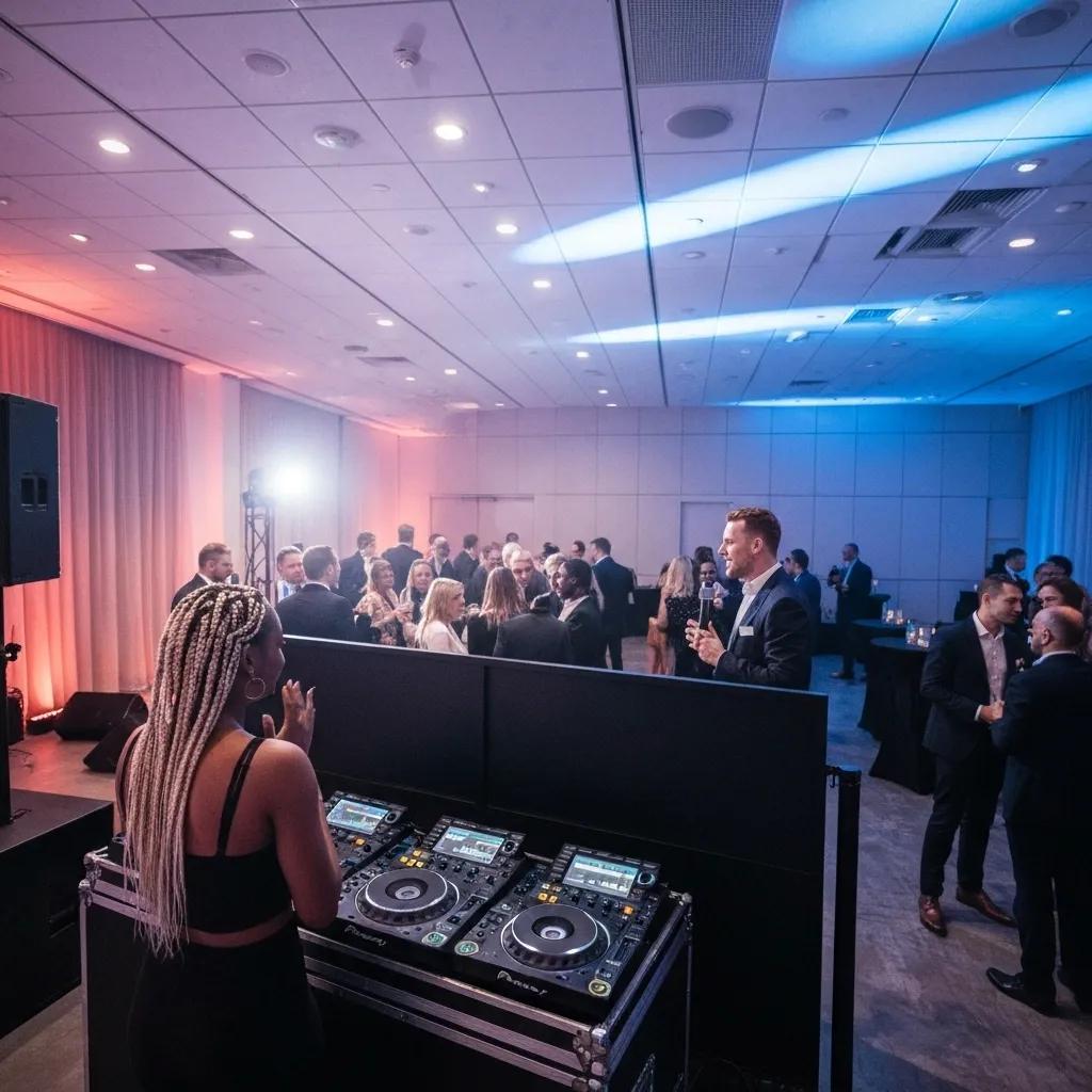 Corporate DJ enhancing a professional event atmosphere with quality sound and elegant lighting