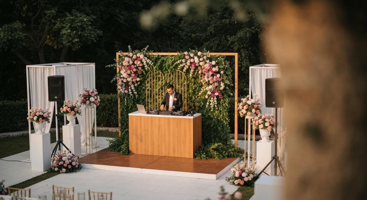 DJ setup at a romantic outdoor wedding ceremony with elegant decorations