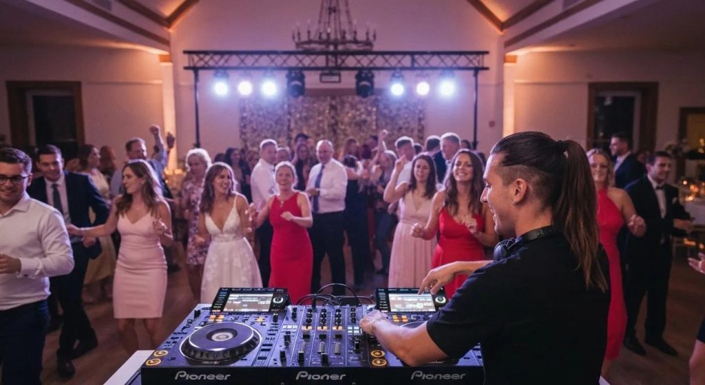 Wedding DJ at a lively reception with guests dancing and colorful lights