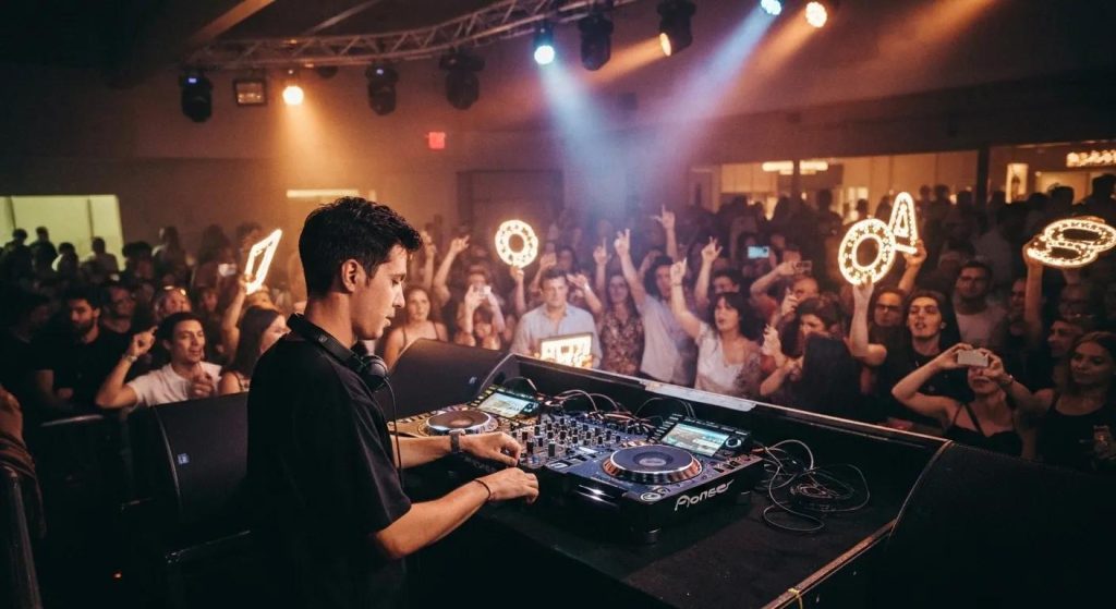 Professional DJ performing at a lively event in the Hills District with vibrant lighting and an energetic crowd