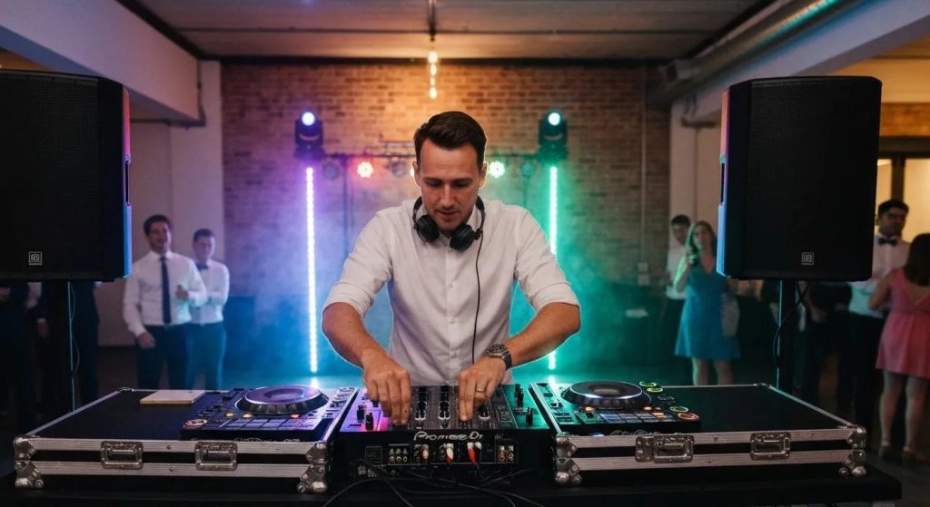 Wedding DJ in Blacktown creating a lively atmosphere with sound equipment and colorful lights