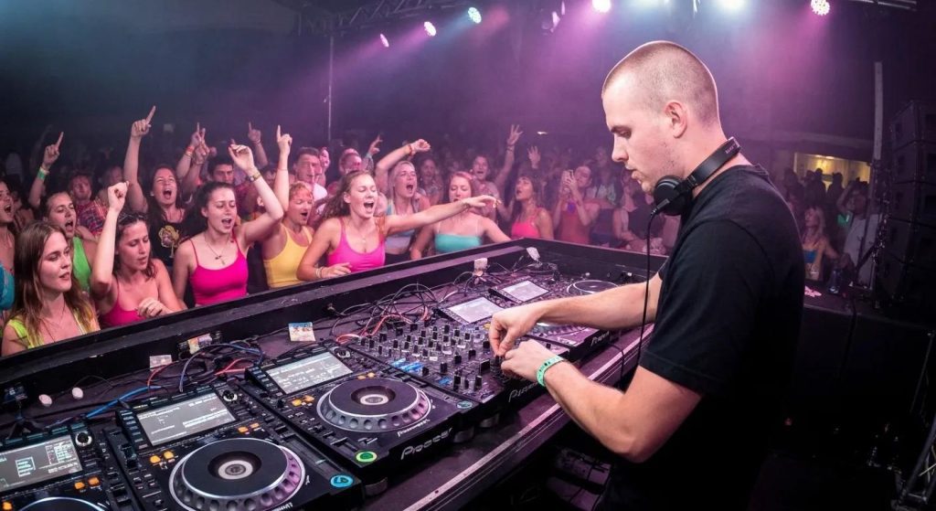 DJ performing at a lively event in Blacktown with colorful lights and an engaged crowd