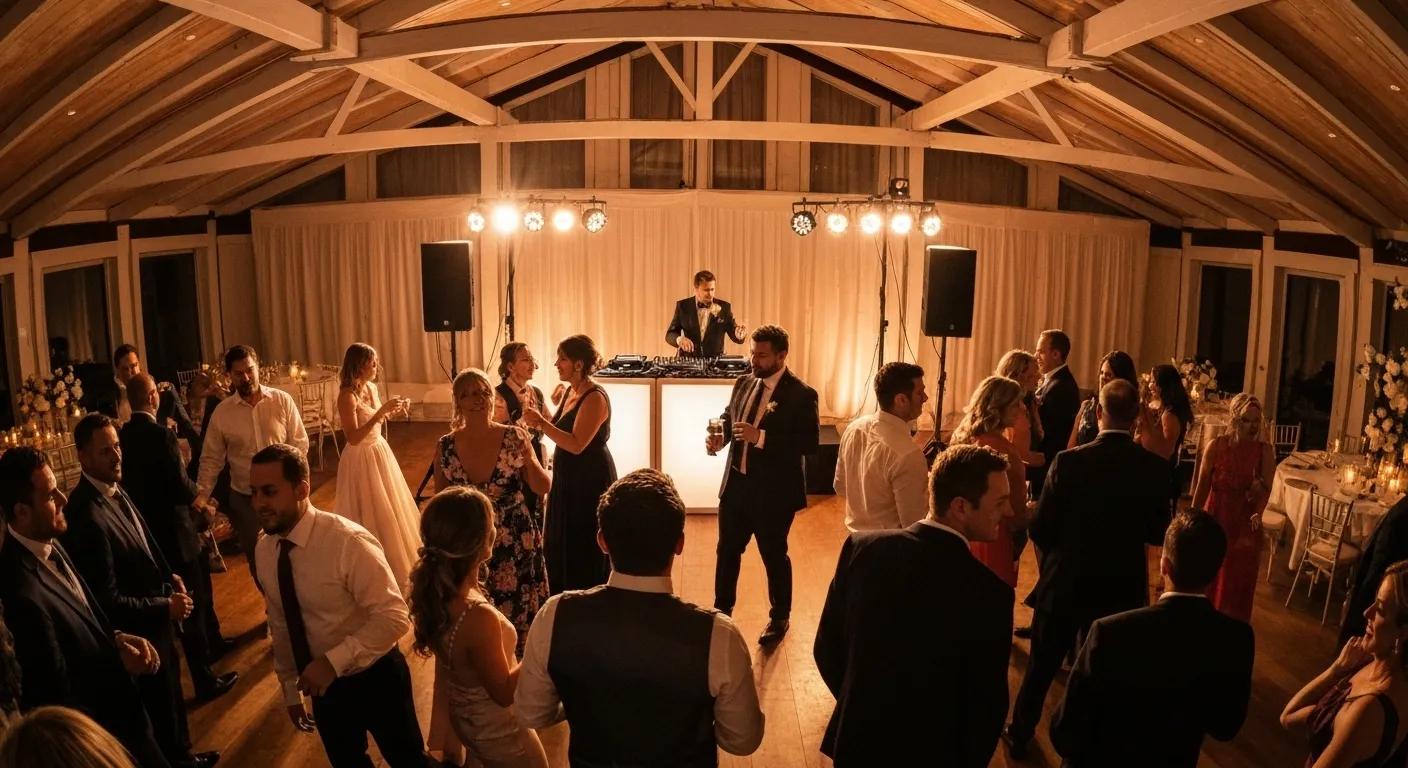 Wedding reception with DJ setup, elegant lighting, and guests enjoying the celebration