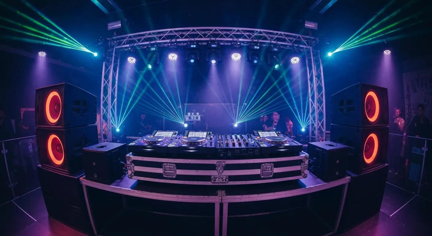 High-quality DJ equipment including PA system, mixer, and lighting effects for events
