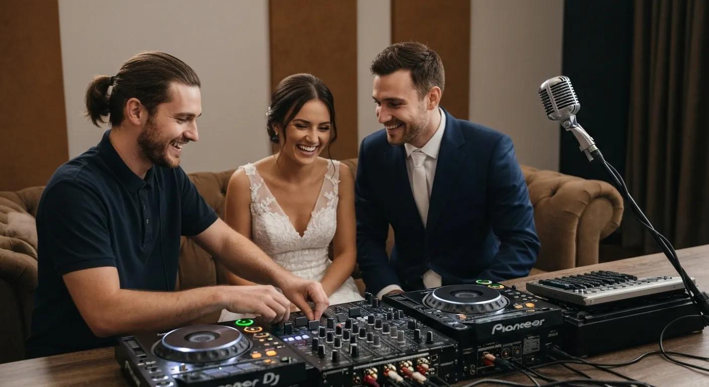 DJ in deep consultation with a happy couple, discussing their wedding music preferences