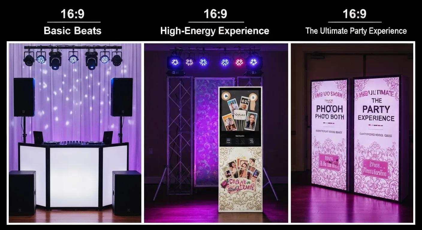 Three distinct wedding DJ packages showcasing sound equipment, lighting, and photo booth options