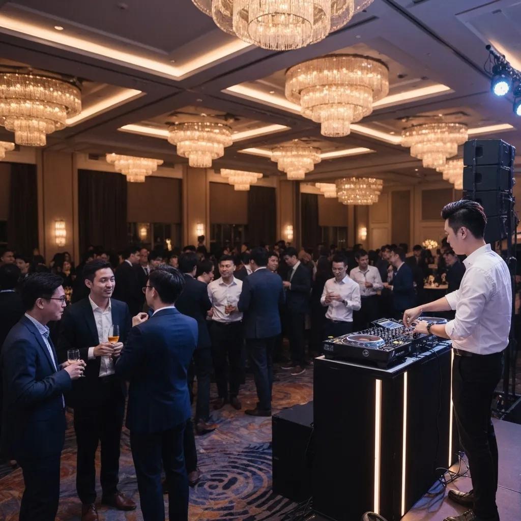 Corporate DJ engaging attendees at a stylish conference in Kiama from a modern booth