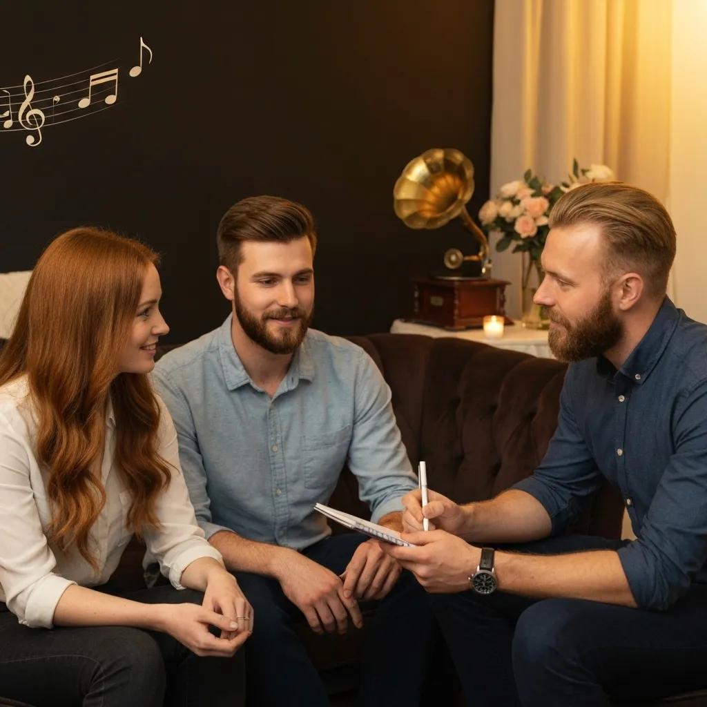 A couple happily collaborating with their DJ to select songs for their wedding playlist