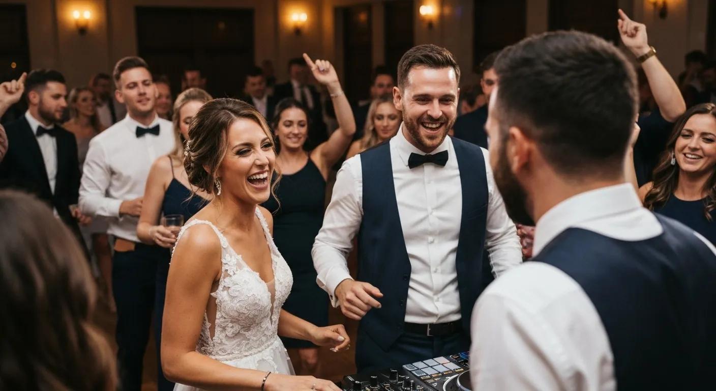 Happy couple sharing their wedding experience with a DJ, surrounded by joyful guests on the dance floor