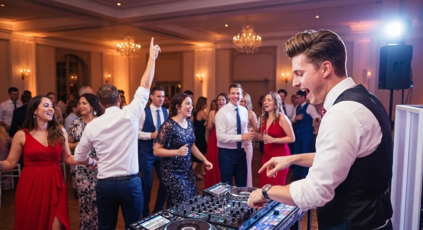 DJ interacting with guests at a wedding reception, highlighting a personalised music experience and lively atmosphere